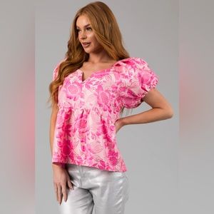 Blush Floral Print Puff Sleeve Babydoll blouse size large NWT